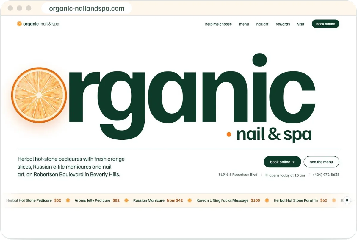 Organic Nail & Spa homepage, after
