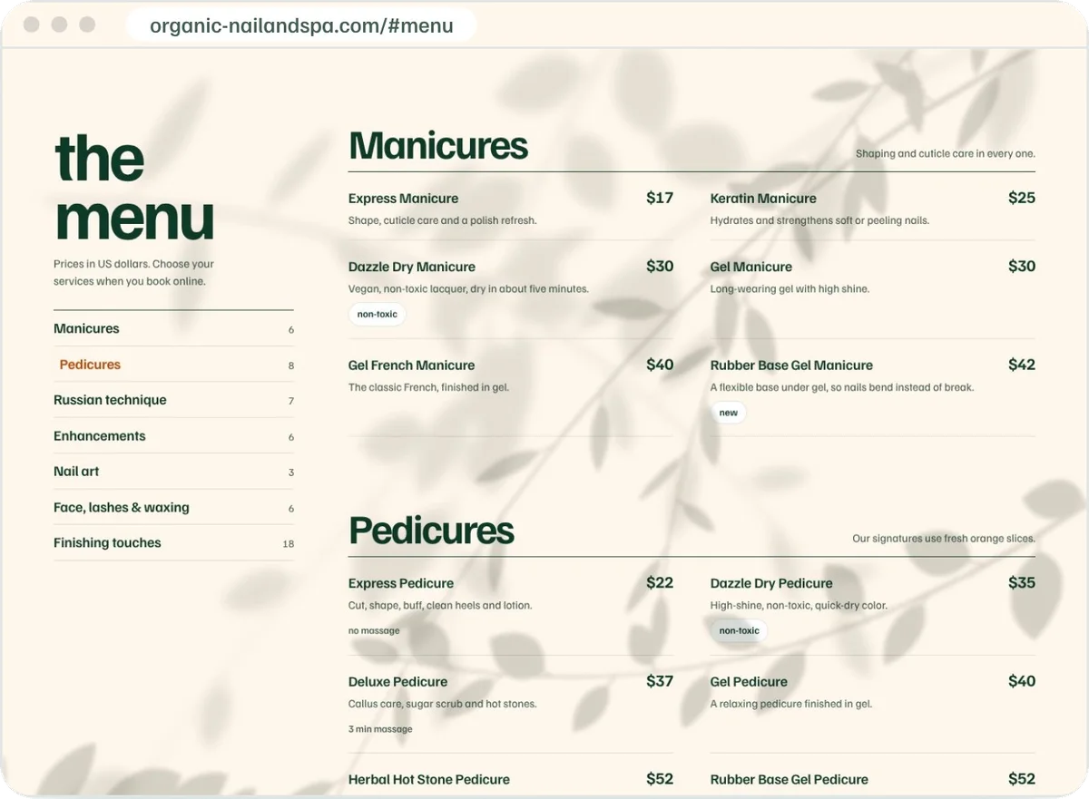 Organic Nail & Spa menu, after